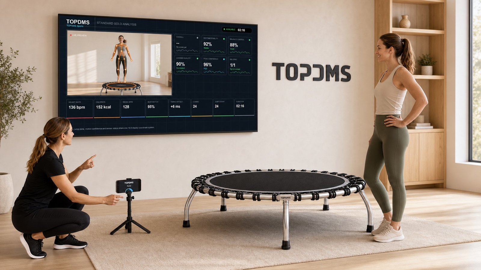 TOPDMS trampoline setup with live video, skeleton overlay and real-time results on the wall screen