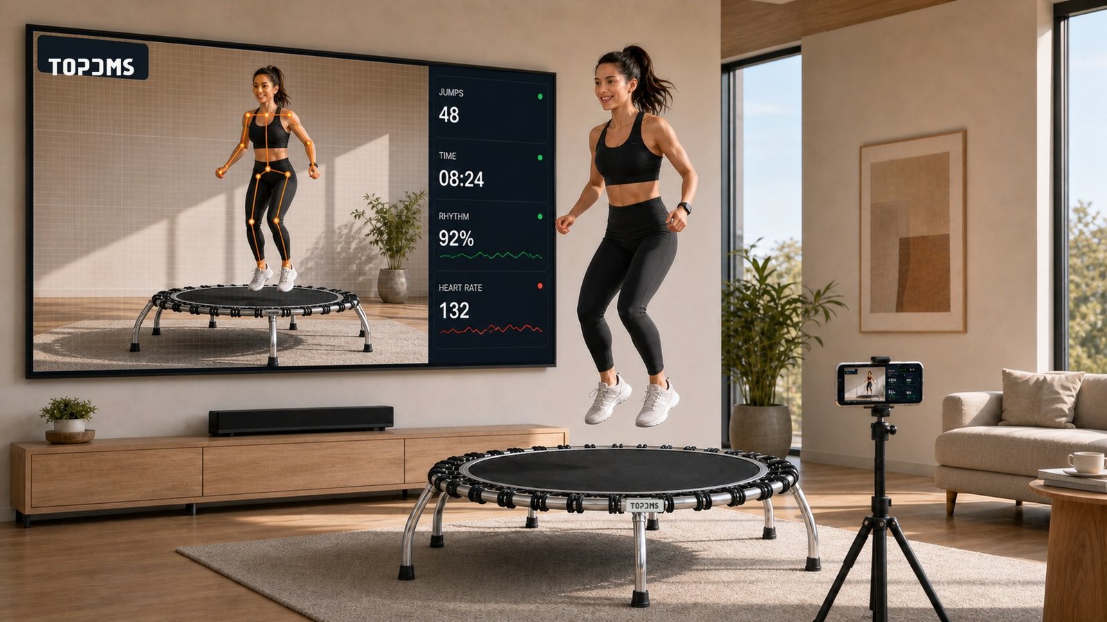 Everyday trampoline training with live jump, time, rhythm and heart-rate results.