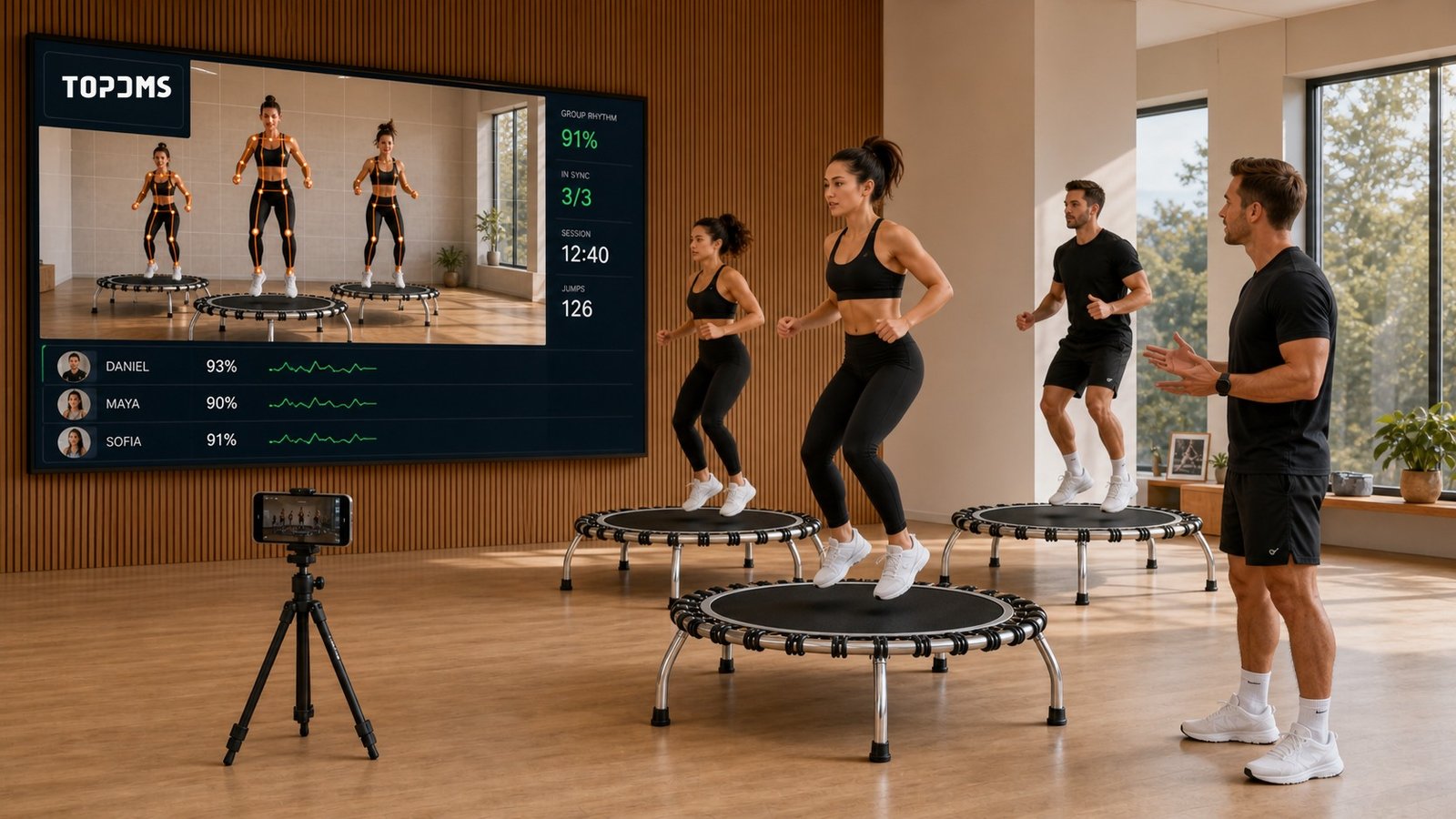 Small-group trampoline class with live team rhythm and synchronization results.