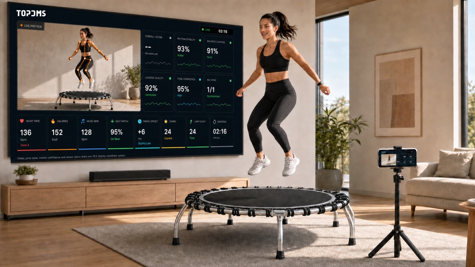 Trampoline instructor and athlete using a phone while the large display shows real athlete video with an aligned skeleton and live results
